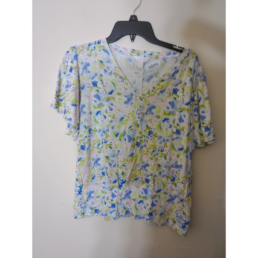 LC Lauren Conrad V-Neck Top Womens L Blue Green Floral Flutter Sleeve Whimsical